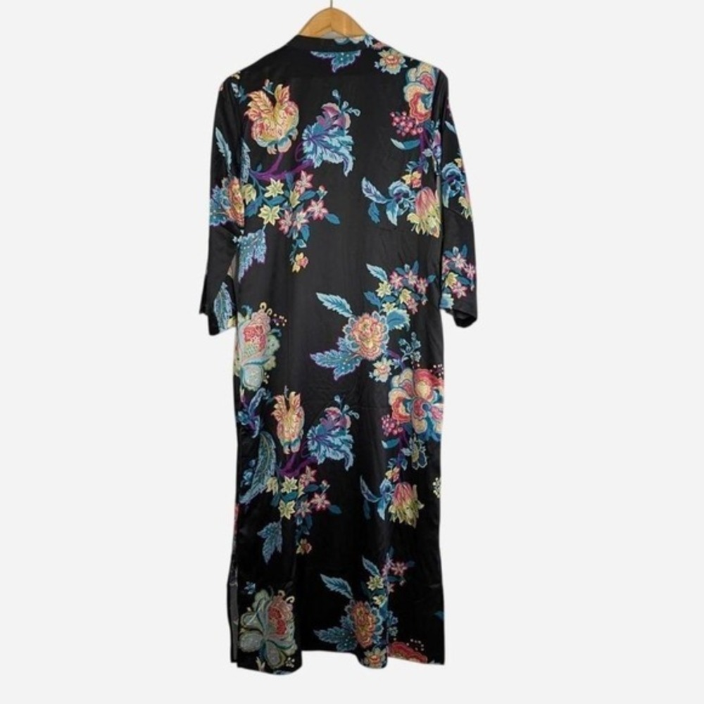 Natori Festival Satin Zip Caftan Black Floral 3/4 Sleeve Maxi Size Small - Picture 4 of 10